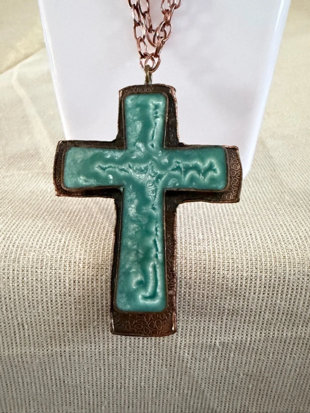Copper Turquoise Cross Pendant Long Chain Necklace